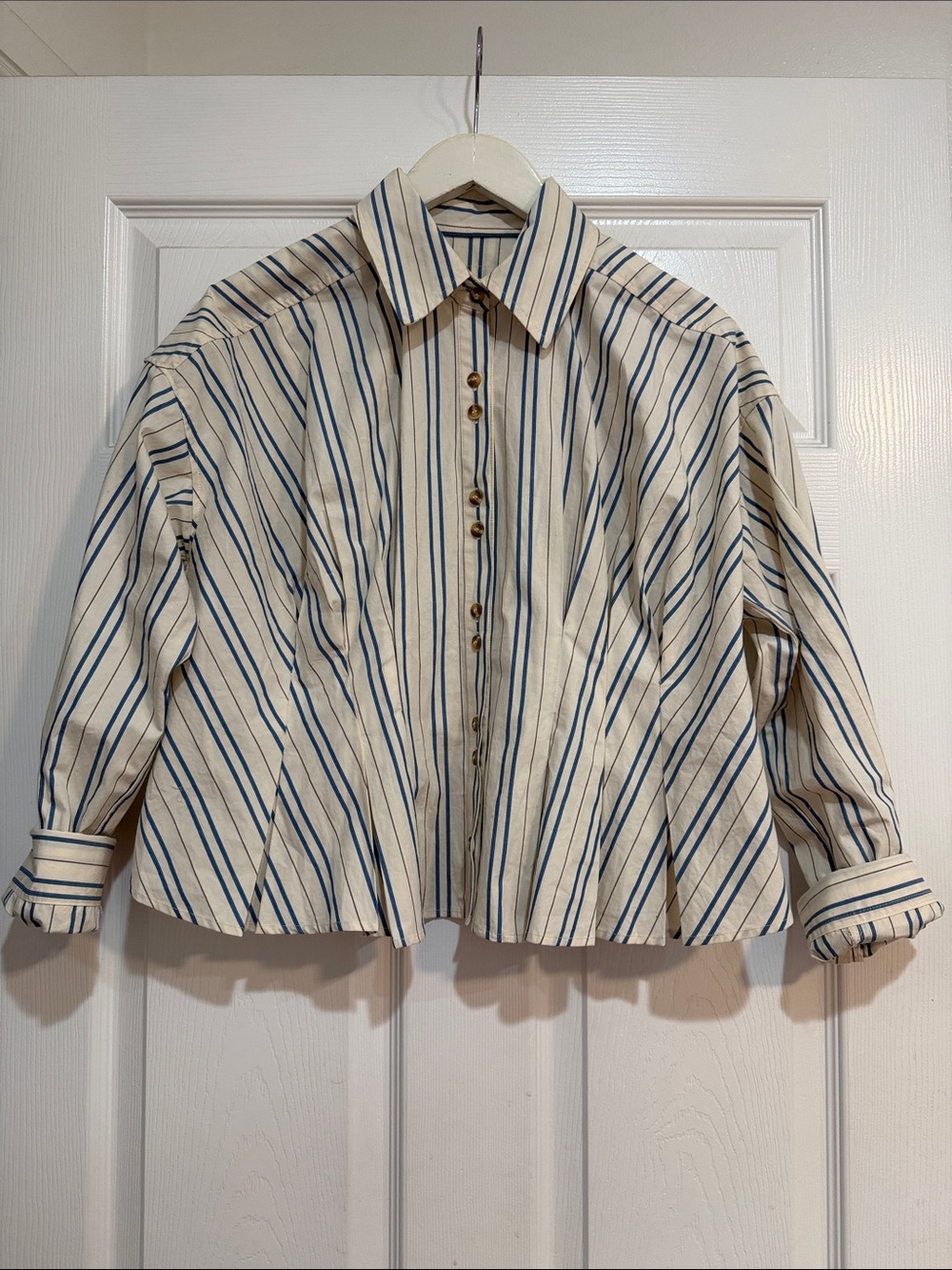 We The Free Cream and Blue Striped Button-Up Blouse